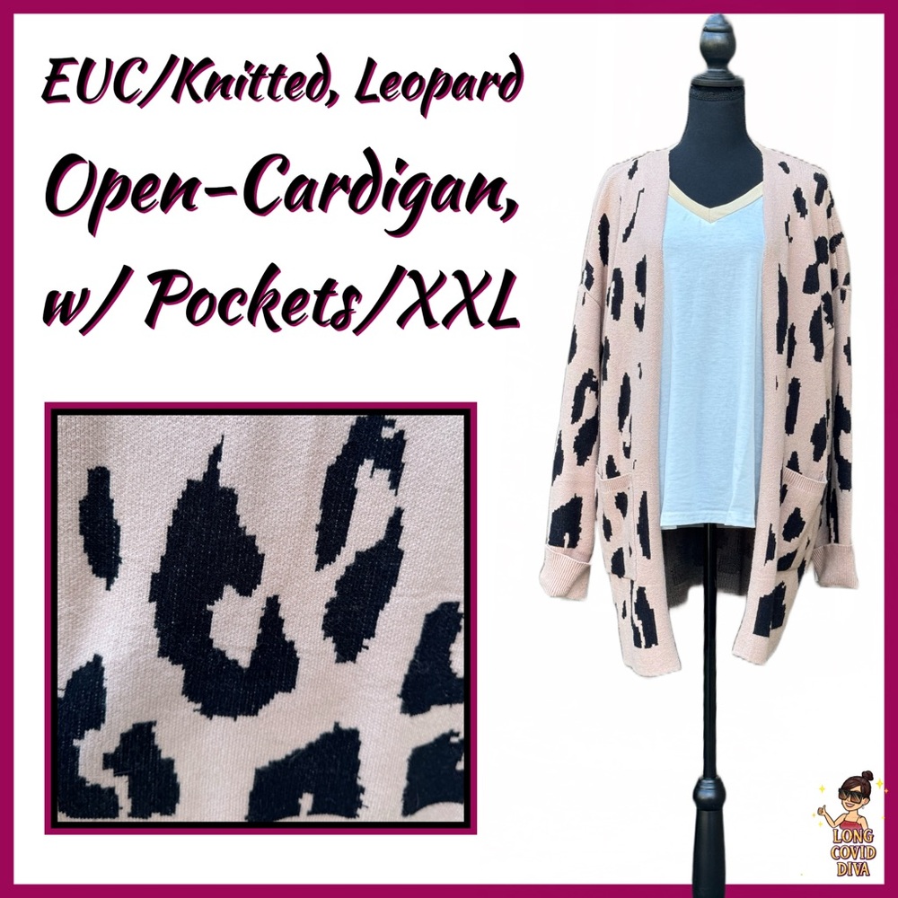 🖤🤎EUC/Leopard Print/Open-Front, Oversized Cardigan Sweater, w/ Pockets/XXL